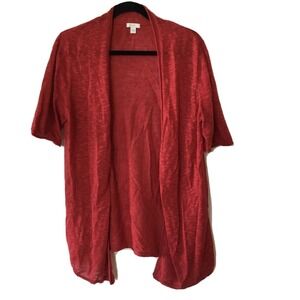 J Jill Womens M Red Linen Blend Cardigan‎ Sweater Open Front Waterfall Valentine